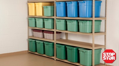 plastic container tubs on a shelf on the wall
