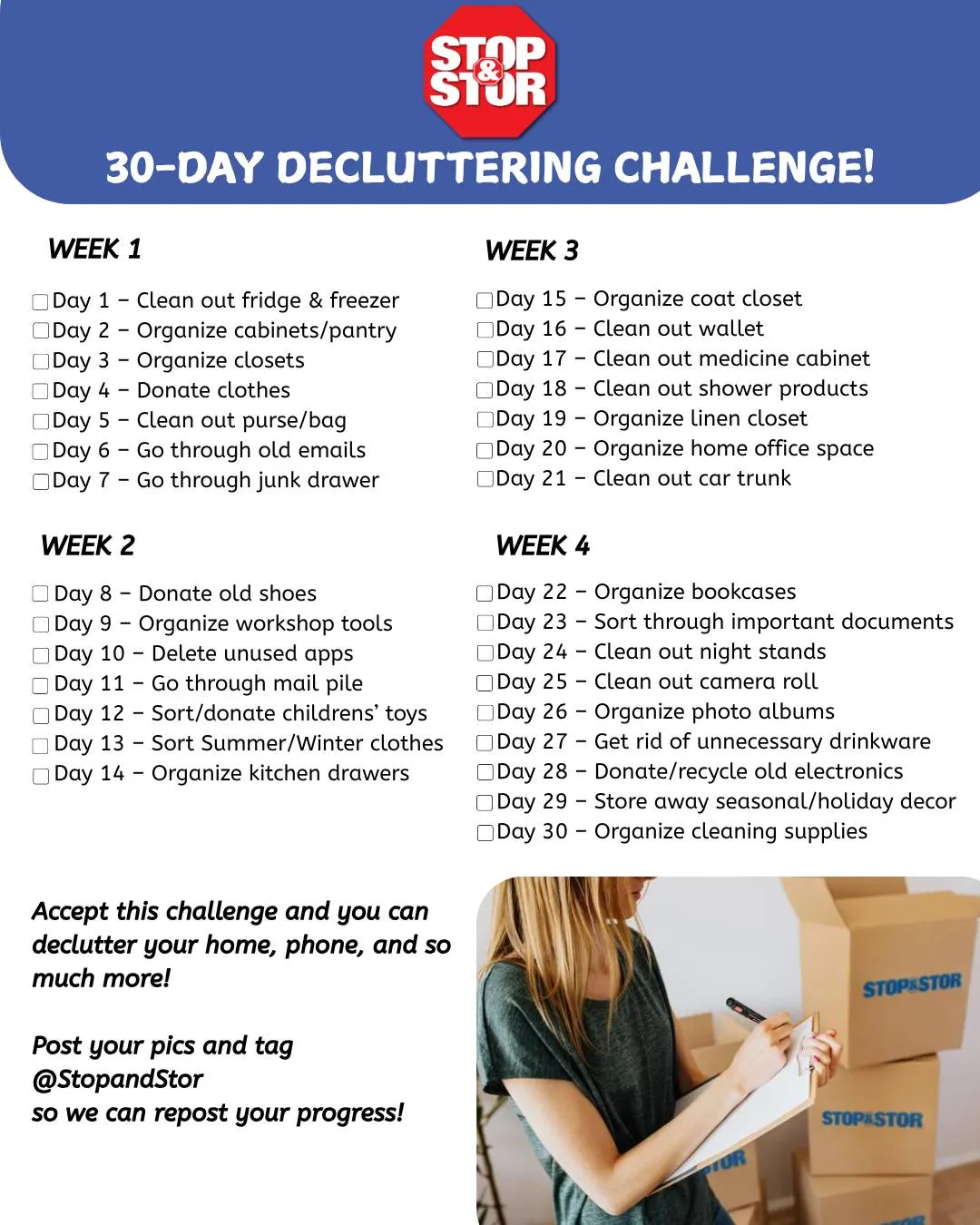 Stop&Stor 30 day decluttering challenge checklist 