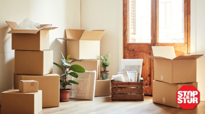 moving boxes stacked in an apartment