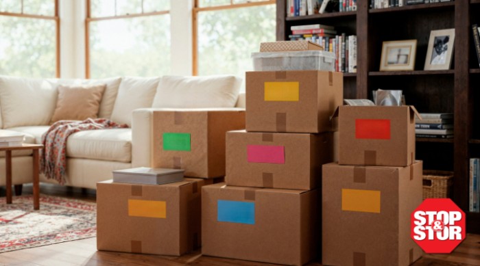 living room with moving boxes for storing 