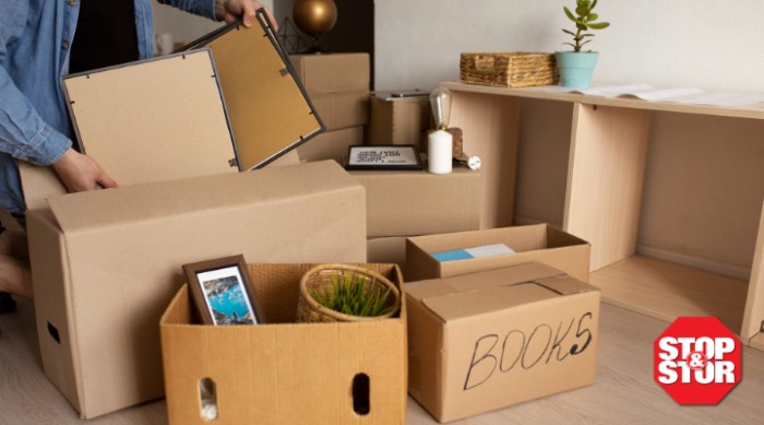 living room with moving boxes for storing 