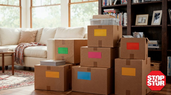 living room with moving boxes for storing 